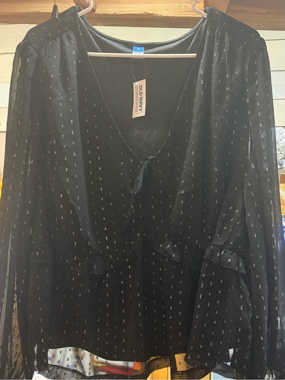 NWT! Old Navy Black Sheer V-Neck Blouse with Metallic Dot Detail